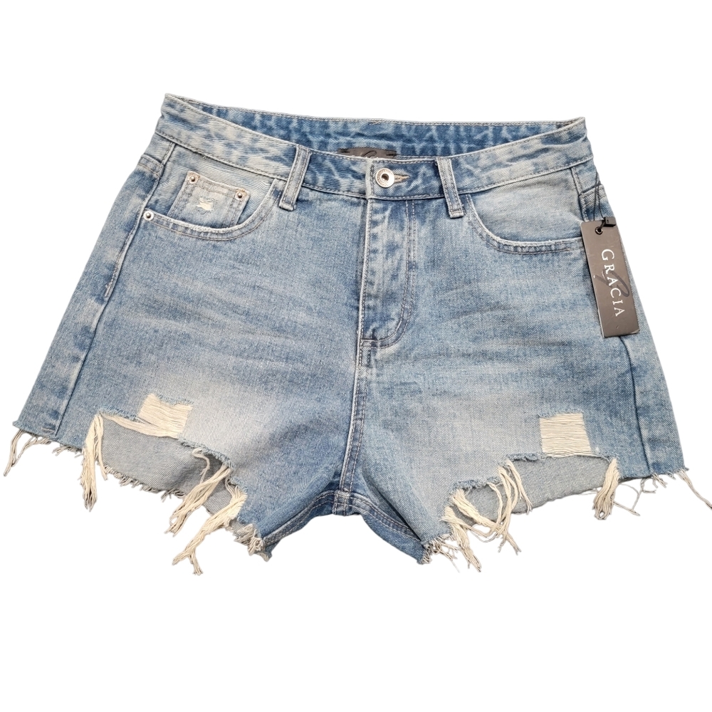 Gracia Womens Blue Denim Zippered Pocketed Cutoff Frayed High Waist Shorts L